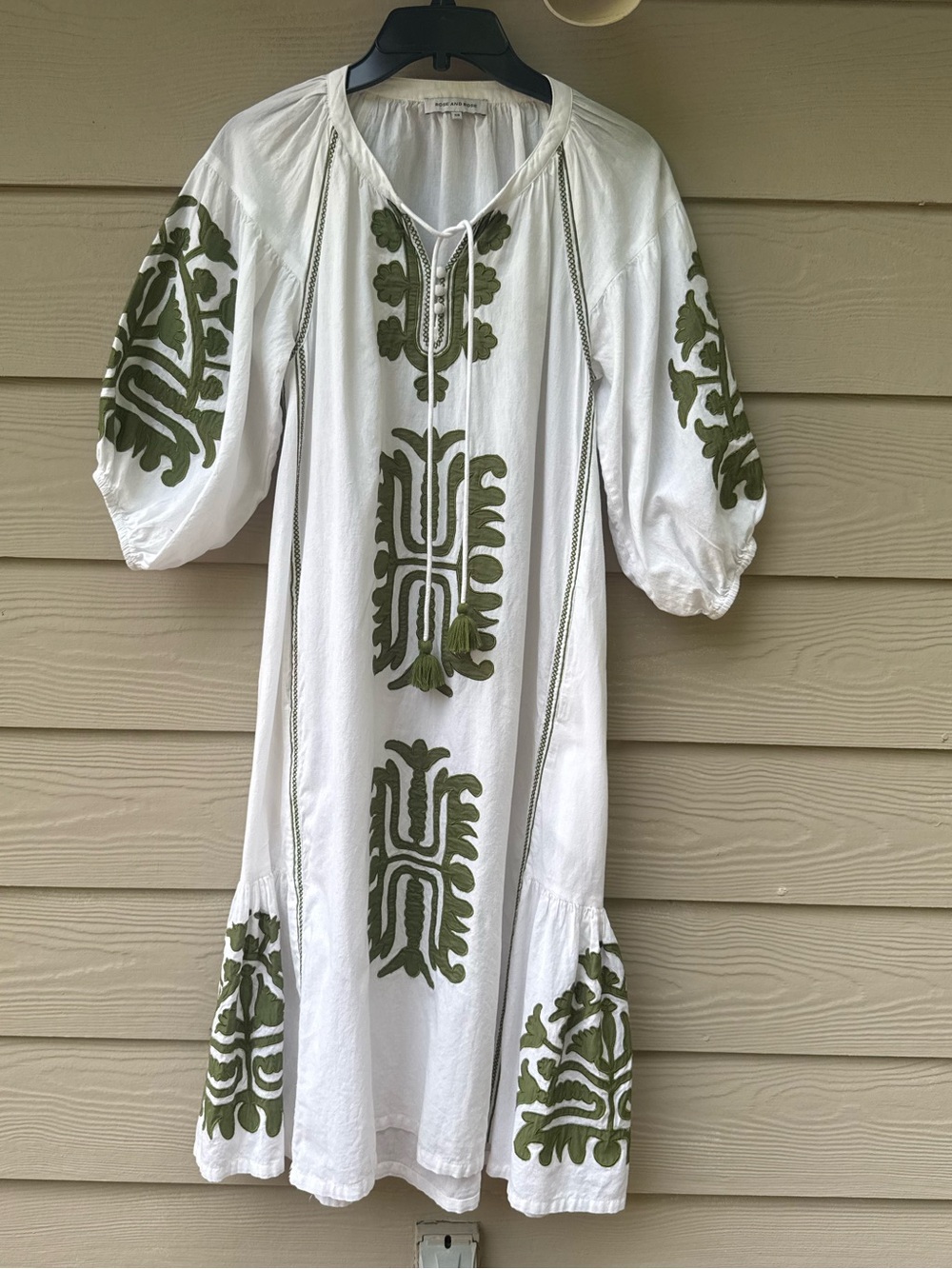 Rose and Rose Amersham Dress in White with Olive features soft cotton fabric